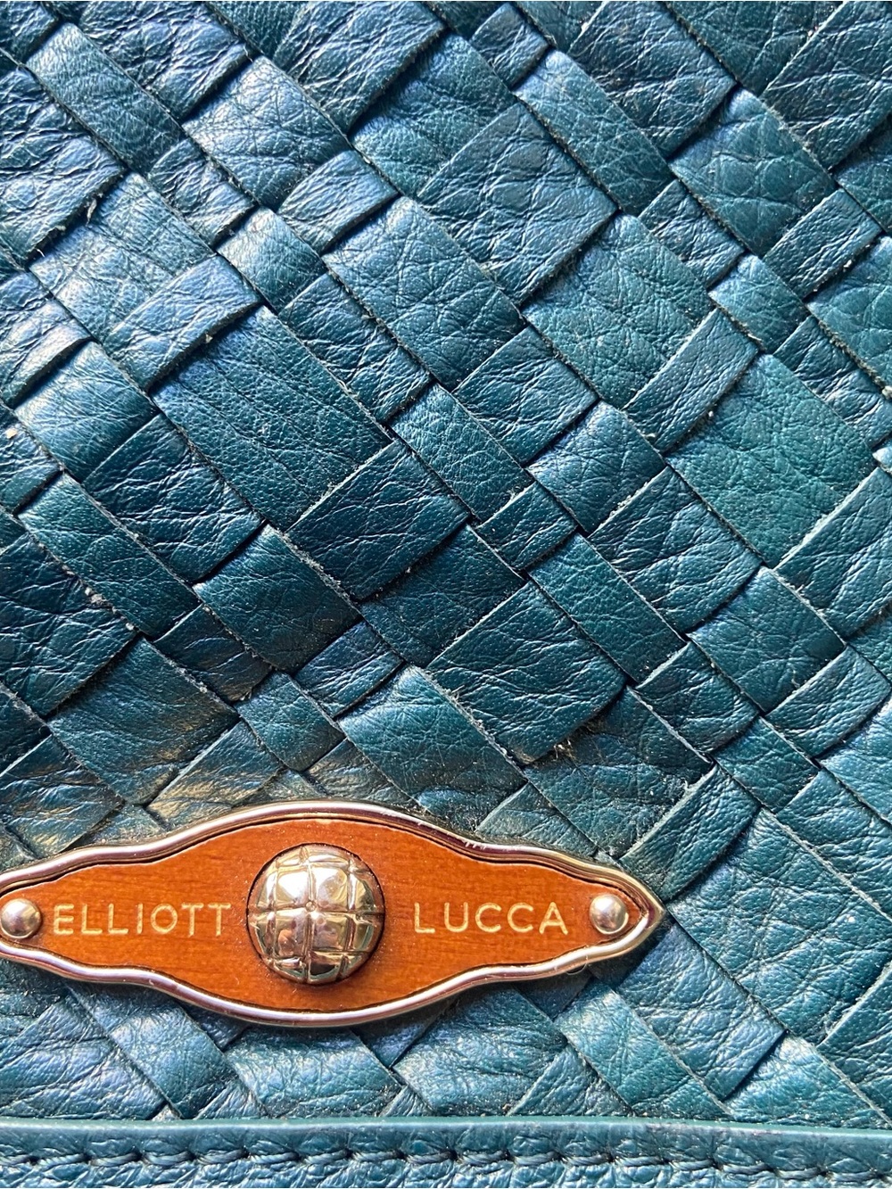 Elliott Lucca Teal Woven Leather Shoulder Bag with Branded Plaque